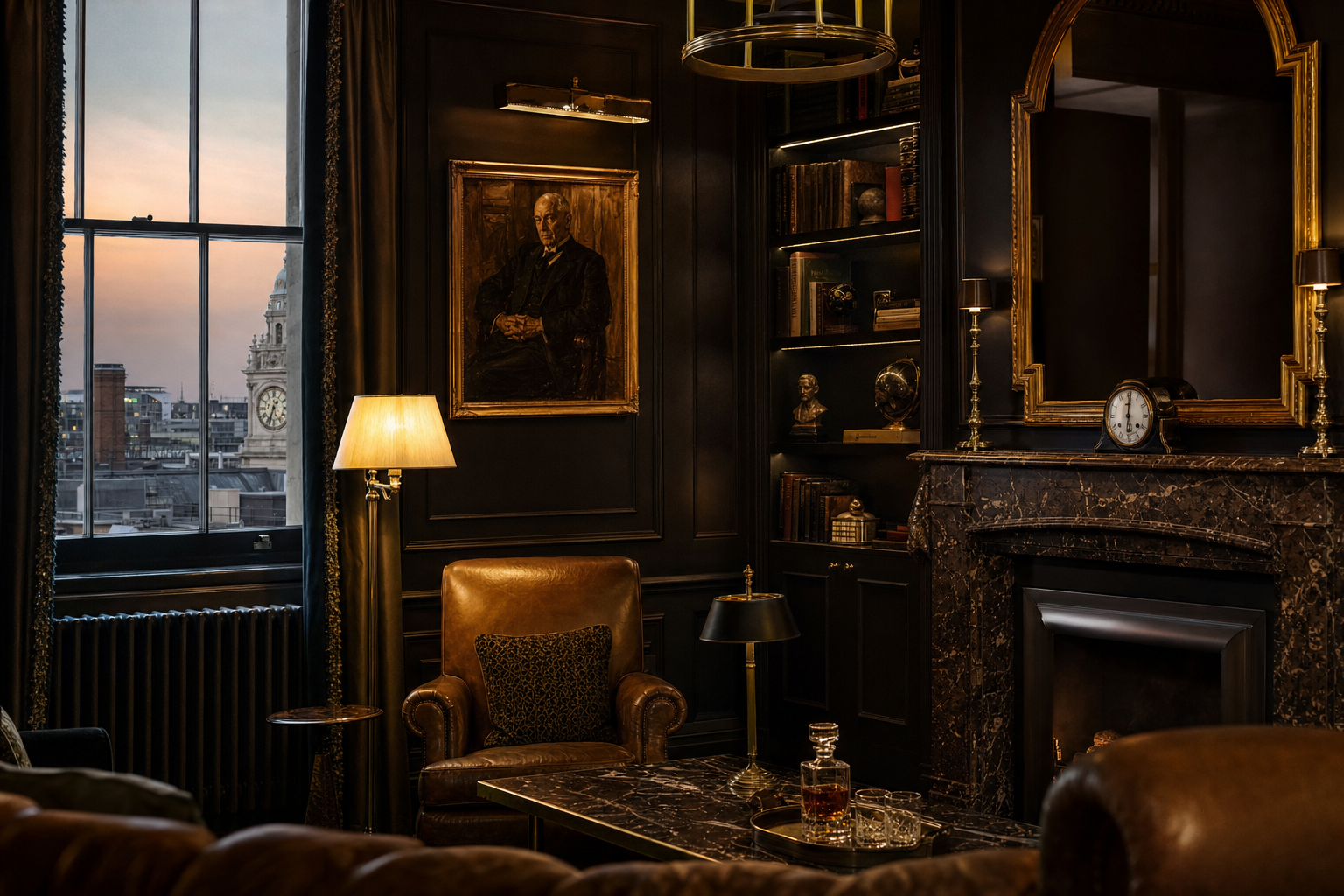 A warmly lit private drawing room with a marble fireplace and leather armchair, characteristic of a Mayfair residence