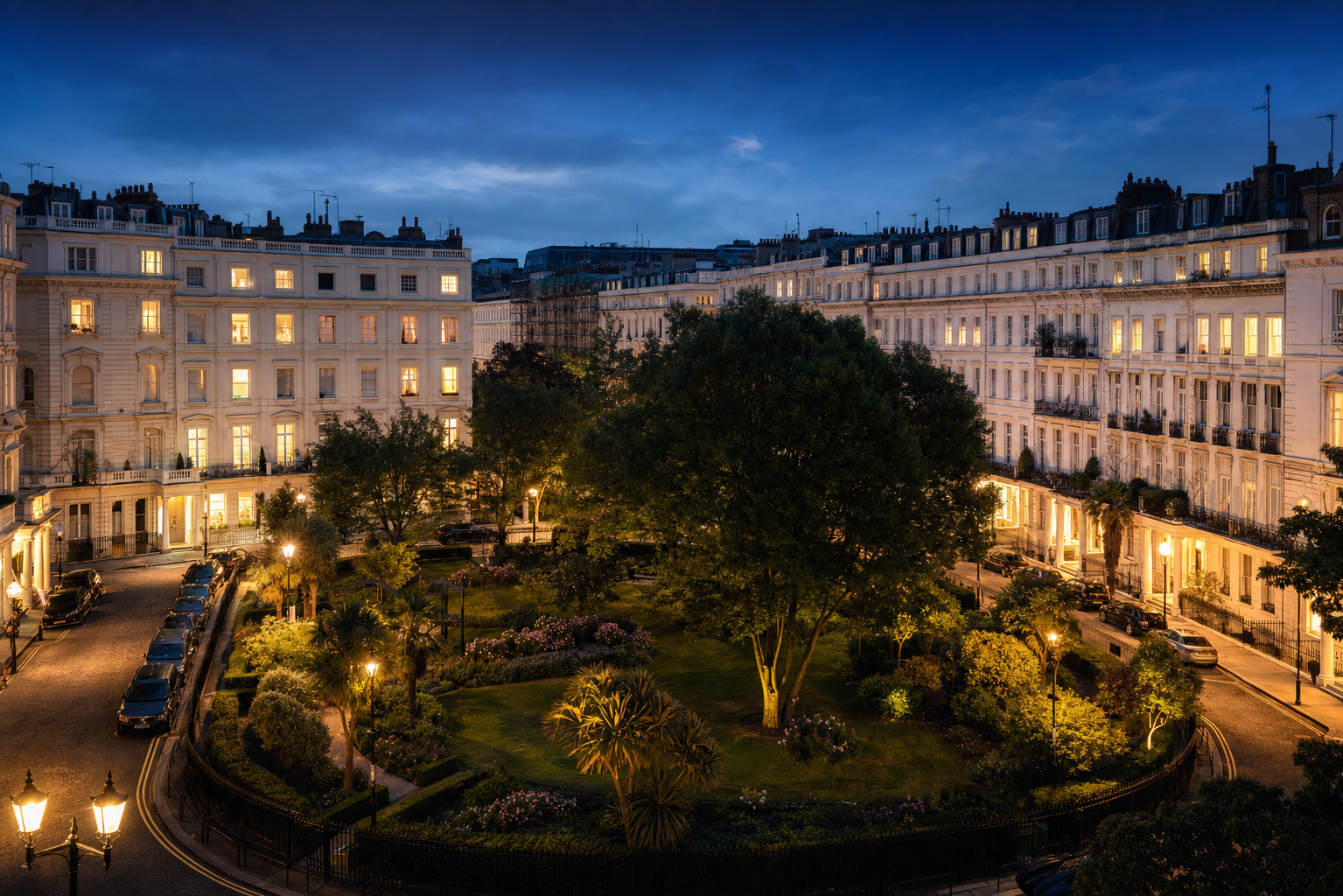 An elevated view of a private Mayfair garden square glowing at dusk